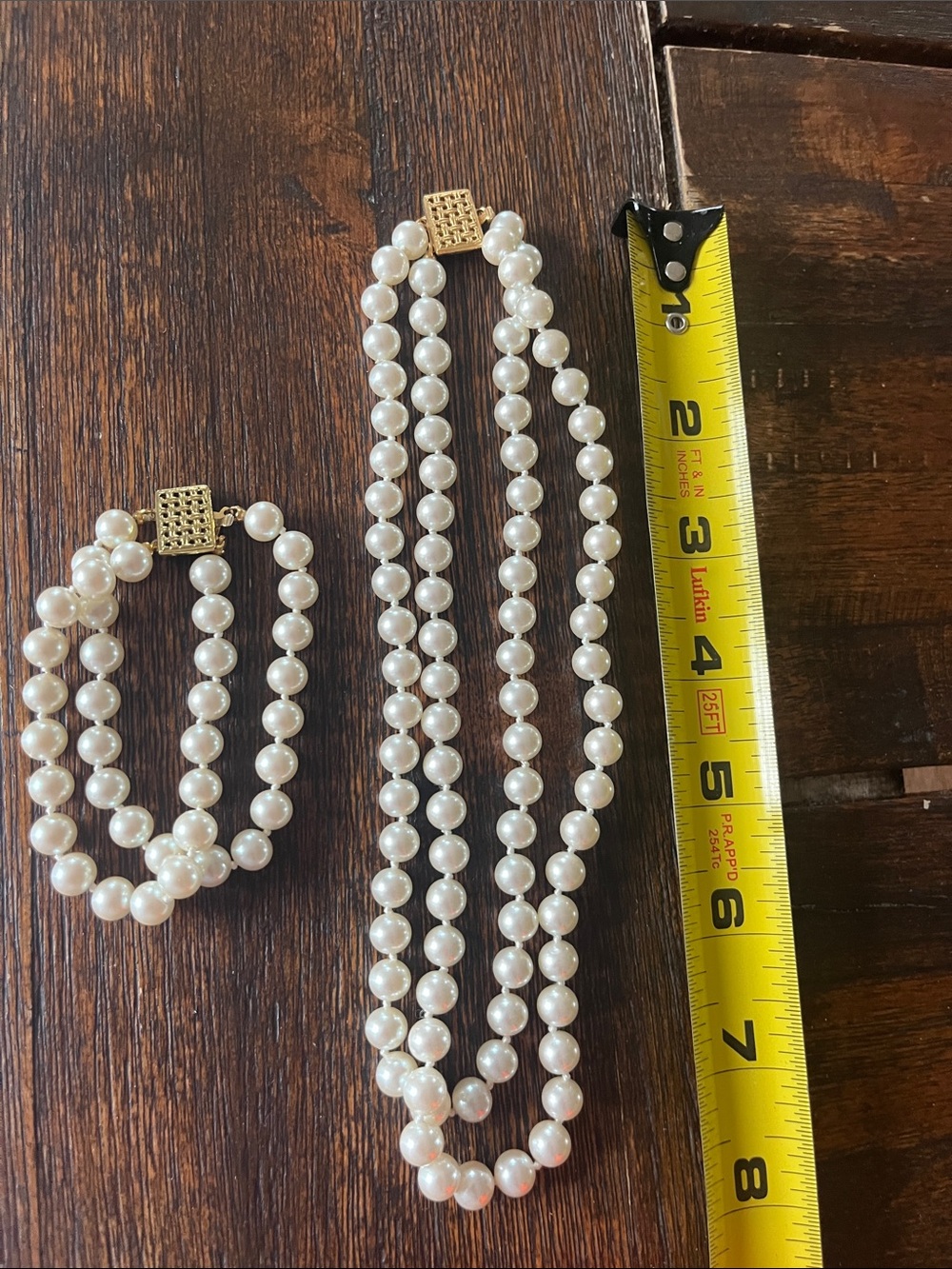 Classic White Pearl Necklace and Bracelet Set with Gold-Tone Accents